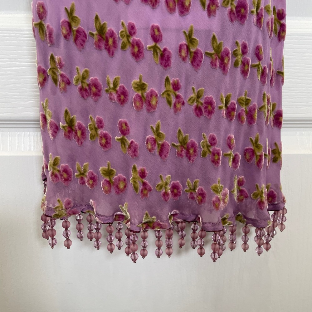 Betsey Johnson Y2K Vintage Dress Black Label Lilac Velvet Floral Silk Fringe M - Picture 5 of 12